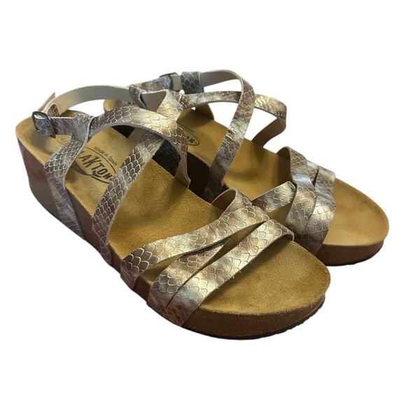 Women 41 10 Plakton Platform Wedge Sandals Shoes Strappy Leather Gold Print - Picture 1 of 8
